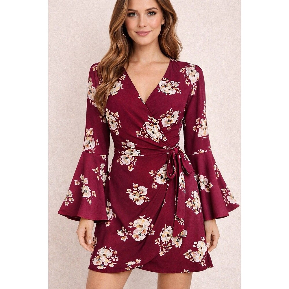 Floral Wrap Mini Dress Long Sleeve Size Small Ruffle Boho Coastal Cowgirl